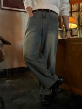 Slub tin curved demin pants