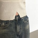 Coil Chiffon Layered Square Neck Slit V-Neck Knitwear