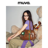 muva. Oil‑Wax Leather Retro Bowling Bag, Autumn Large‑Capacity Multi‑Pocket Genuine‑Leather Shoulder Bag for Women, New Arrival Sep 3