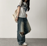 Andy Knee Damage Cutting Deep Washed Denim Wide Pants