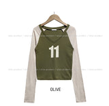 11 V-neck color matching raglan long sleeves