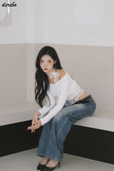 Lace Choker Scarf Unbalanced Long-Sleeved T-Shirt