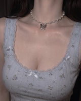 [TWICE Chaeyoung Necklace] Adorable Ribbon Pearl Choker Necklace - Silver