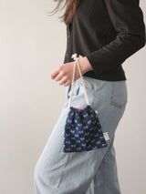 denim ribbon string pouch - deep blue M