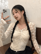 Lace shirring two-piece long-sleeved blouse T-shirt