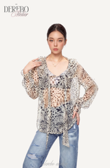 Leopard see-through frill blouse