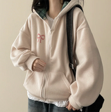 Check lining ribbon fleece hooded zip-up