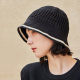 VA Top Button Knit Crochet Bucket Hat / Black