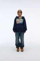 Sound wave artwork damage washing hoodie zip-up (Navy)