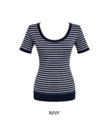 Tiny Stripe U-neck Elbow Length T-shirt