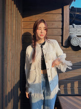 Tassel tweed loose fit no-collar jacket