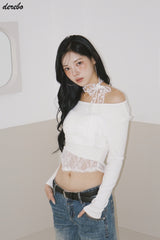 Lace Choker Scarf Unbalanced Long-Sleeved T-Shirt