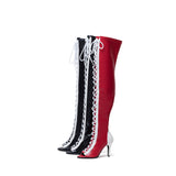 Thigh High Shoelace Point Boots Heel(Glossy Black)