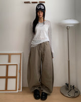 Bipu Embroidery Buckle Balloon-Fit Wide Cotton Long Pants
