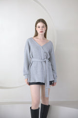 Offshoulder Wrap Strap Cardigan Gray