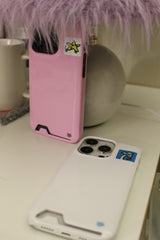 home square patch card pocket phone case pink