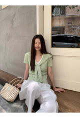 グリーンレイヤードVネックショートスリーブニットTシャツ