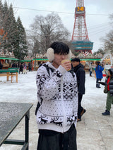Snowflake Nordic wool knit hooded zip-up