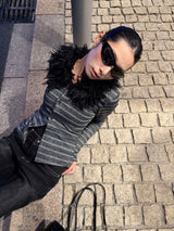 Black fur striped knit cardigan