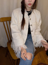 Tassel tweed loose fit no-collar jacket