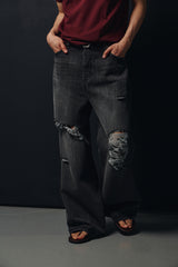 Washed damage wide flare denim pants(Black)