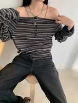 wide neck loose fit stripe long-sleeve t-shirt