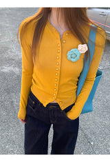 Flower Broach Yellow Round Cardigan