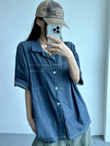 オーバーフィットステッチポイントデニムショートスリーブシャツ🖤💙 - 2 カラーズ
