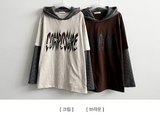 チェミン ストライプ カラーマッチ レイヤード フーディー ロングスリーブTシャツ