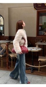 V-neck quilted ivory fur jacket