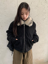 Sanpori Quilted Boucle Fur Collar Short Jacket