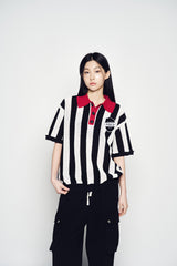 25SS COLLAR POINT STRIPE SHORT SLEEVE KNIT BLACK