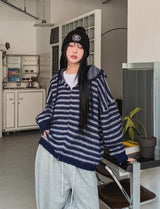 Onz Striped Mohair Knit Hood Zip-Up