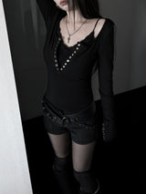 rock chic black button long sleeve T