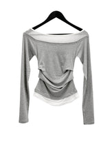 Ribbed Color Matching Layered Pintuck Boat Neck Tee