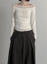 Ribbed Color Matching Layered Pintuck Boat Neck Tee