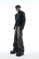 Distressed Textured Flared Denim Jeans