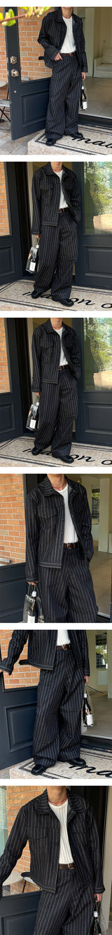 [SET UP가능] Stripe trucker denim jacket