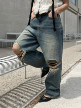[OOTJ ITEM] ルステッドウィークデストロイドワイドルーズフィットロングデニムパンツ (Denim)