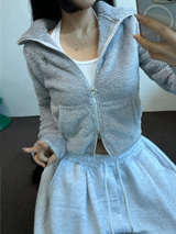 SHEEP FUR FLEECE CROPPED HALF POLO NECK ZIP UP 🧸🩶🤍🖤🩵4COLOR