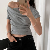 ロミー スリムフィット ドレープ シャーリング ワンショルダー 半袖Tシャツブラウス 4カラー