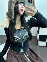 FUR🤎🧸CROPPED HALF PRINTING JUMPER ZIP UP🩶🖤2COLOR