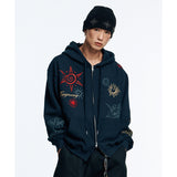 Multi-Print Crop Hoodie Zip-Up - Black