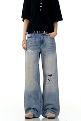 Ripped Straight Wide Jeans