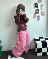 フリース🩷サイドピンタックロングワイドオーバーパンツ 💙🤎🩷🩶🖤5COLOR