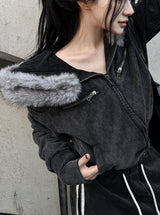 Low Washing Crop Fur Hood Zip-Up