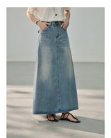 Minimal Vintage Washing Embroidered Denim Pencil Skirt