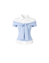 Elly Off-Shoulder Tie Ribbed Short Sleeve Knit T-Shirt Skyblue