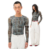 Printed slim-fitting cropped ultra-thin mesh skin garment
