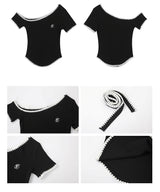 Black Stitch Unbalanced Off-Shoulder Strap Short Sleeve T-Shirt
